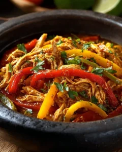 Crockpot Chicken Fajitas served with colorful bell peppers and tortillas