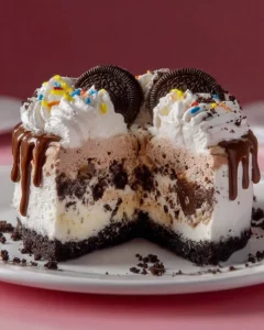 Delicious Dairy Queen Ice Cream Cake with layers of ice cream and cake.