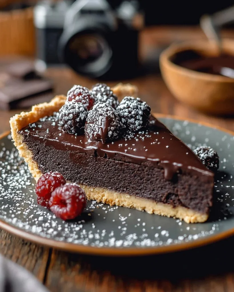 Delicious dark chocolate tart topped with fresh fruits and whipped cream