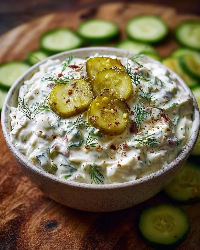 Delicious Dill Pickle Dip served with crackers and vegetables