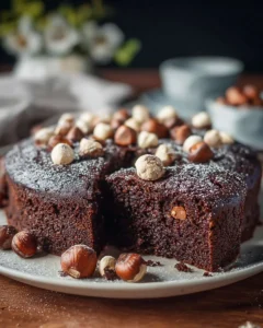 Slice of easy chocolate hazelnut cake topped with chocolate and hazelnuts