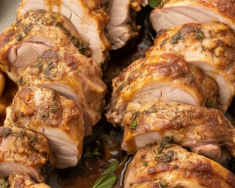 Juicy baked pork tenderloin served with garlic butter sauce and herbs.