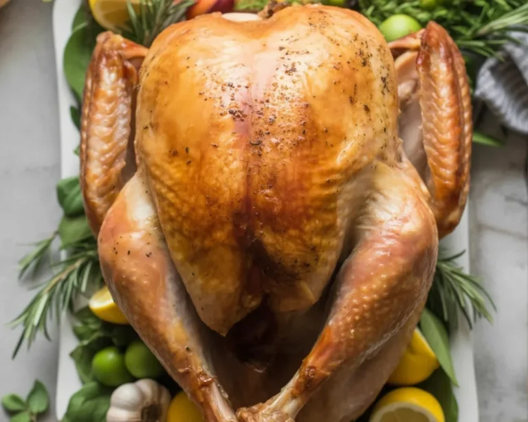 A beautifully roasted turkey with golden brown skin, ready for Thanksgiving dinner.