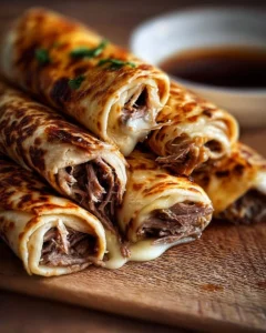 French Dip Tortilla Roll Ups served on a platter with dipping sauce