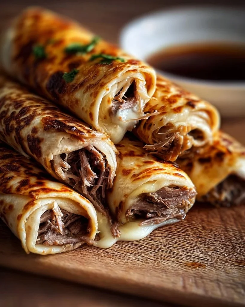 French Dip Tortilla Roll Ups served on a platter with dipping sauce