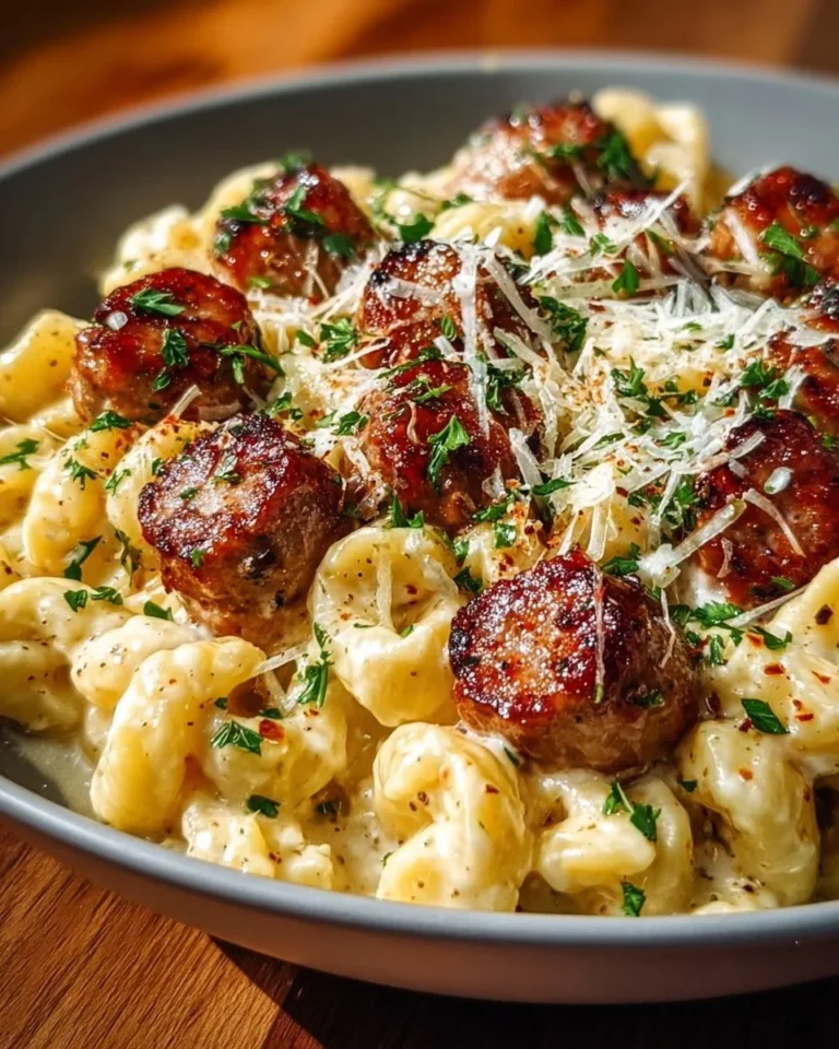 Delicious garlic butter sausage bites with creamy parmesan pasta dish