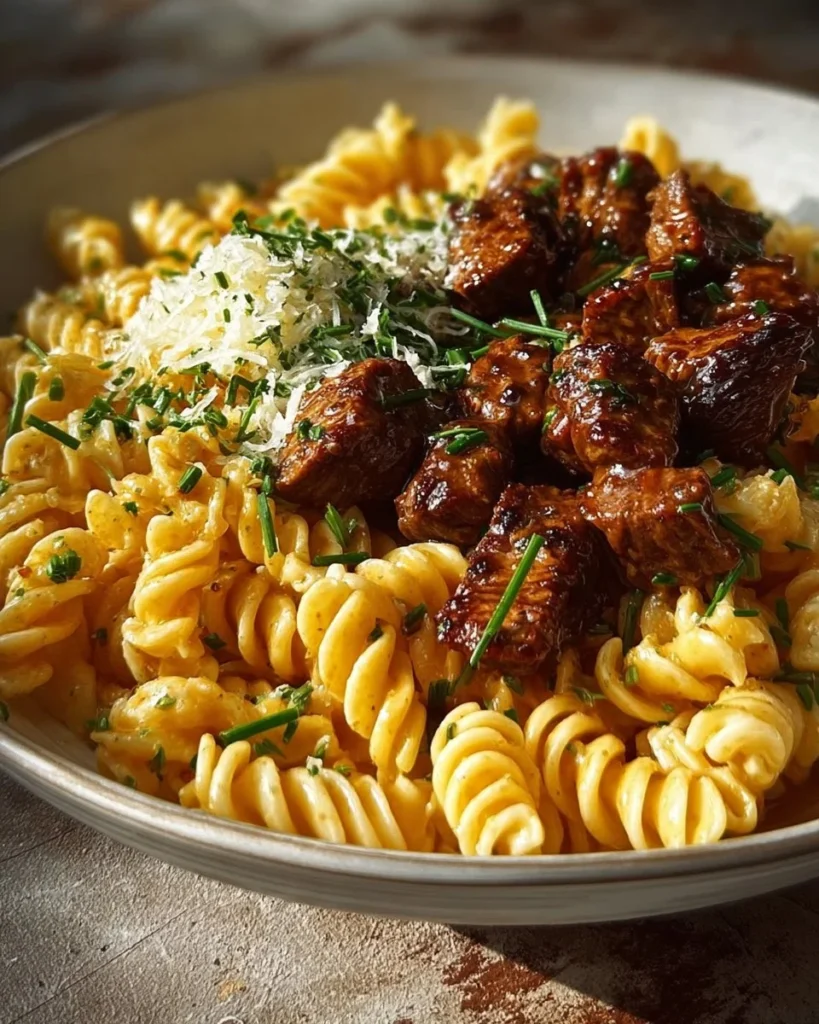 Garlic Butter Steak Bites served with creamy Alfredo pasta dish