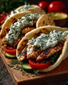 Greek-style Chicken Gyros served with homemade tzatziki sauce