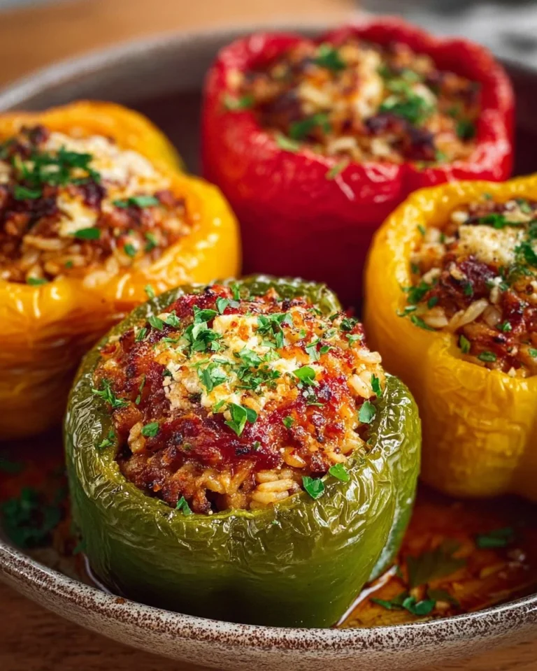 Greek Style Stuffed Peppers filled with rice, herbs, and feta cheese.