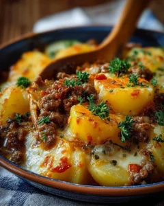 Delicious ground beef casserole with potatoes in a baking dish