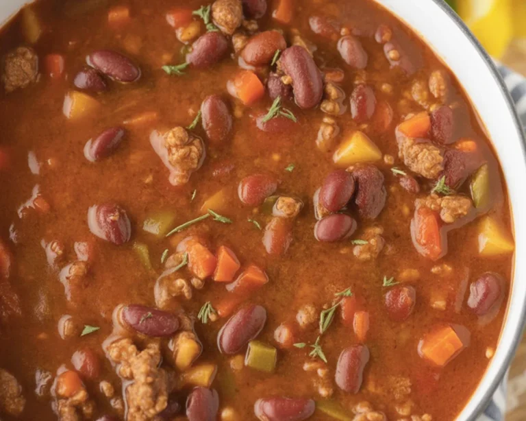 Delicious ground beef chili garnished with fresh herbs in a bowl.