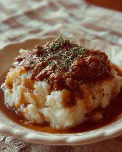 Ground beef gravy served over mashed potatoes in a comforting dish