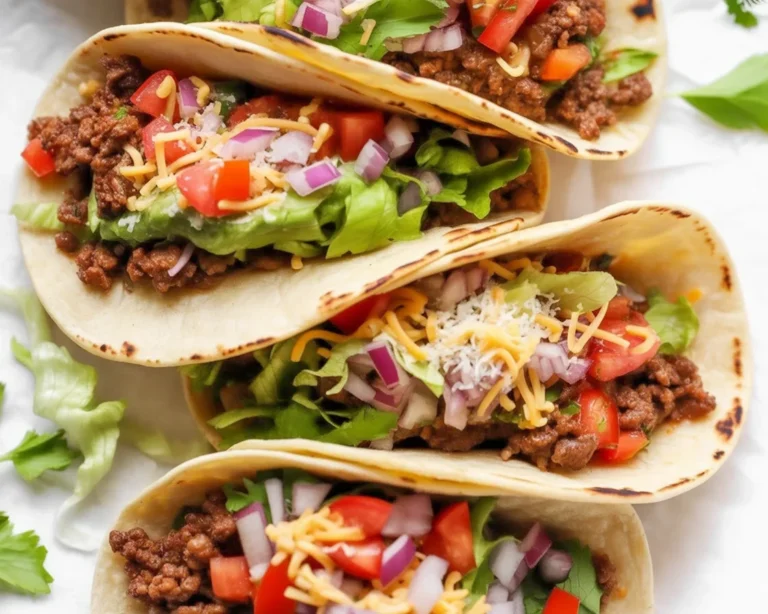 Juicy ground beef tacos topped with avocado, cilantro, and cheese in crispy shells.