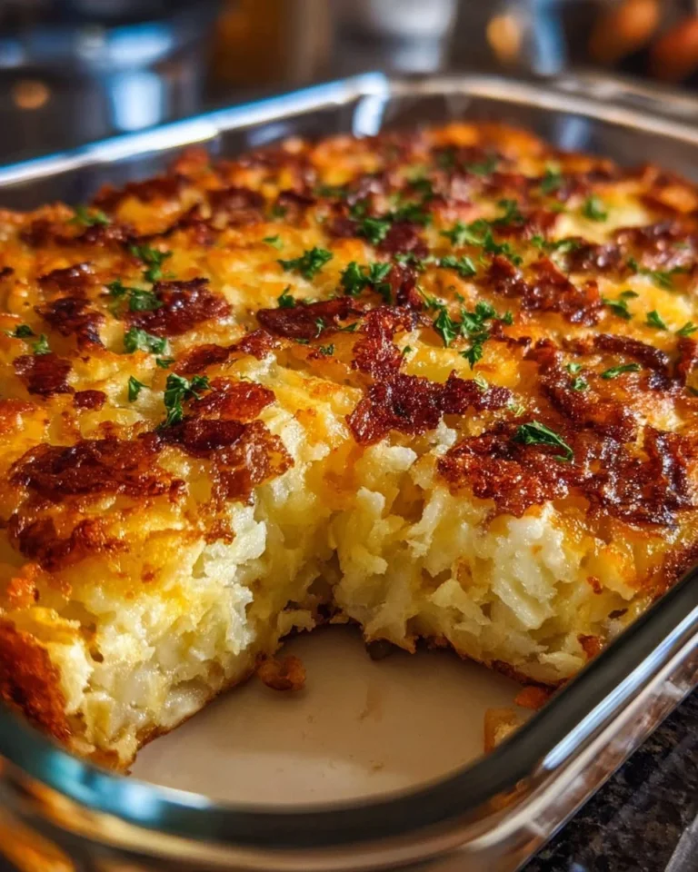Cheesy hash brown breakfast casserole baked until golden and bubbly