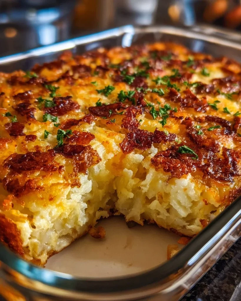 Cheesy hash brown breakfast casserole baked until golden and bubbly