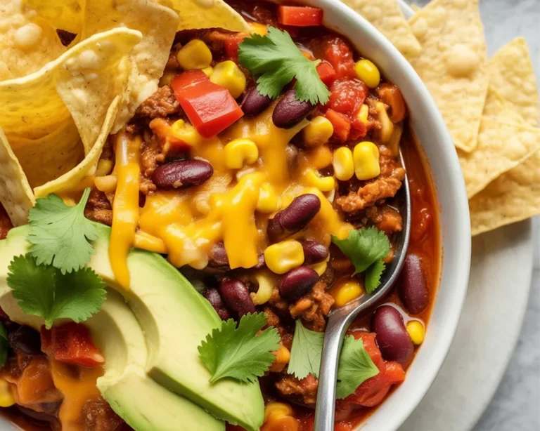 Bowl of healthy turkey chili made with lean ground turkey and kidney beans.