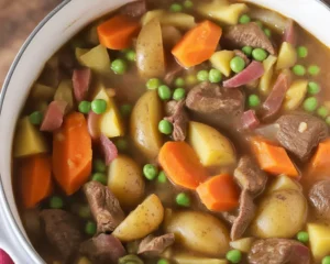 A hearty bowl of homemade beef stew with tender beef and colorful vegetables.