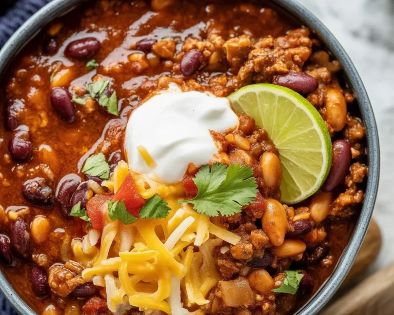 A hearty bowl of instant pot chili with ground beef and beans, garnished with herbs.