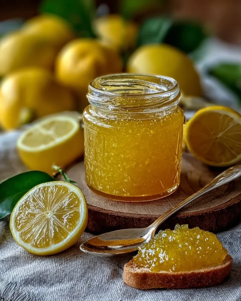 Jar of Italian lemon jam on a kitchen countertop