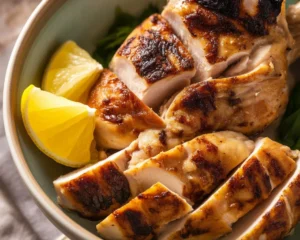 Juicy grilled chicken breast served on a plate with herbs and spices.