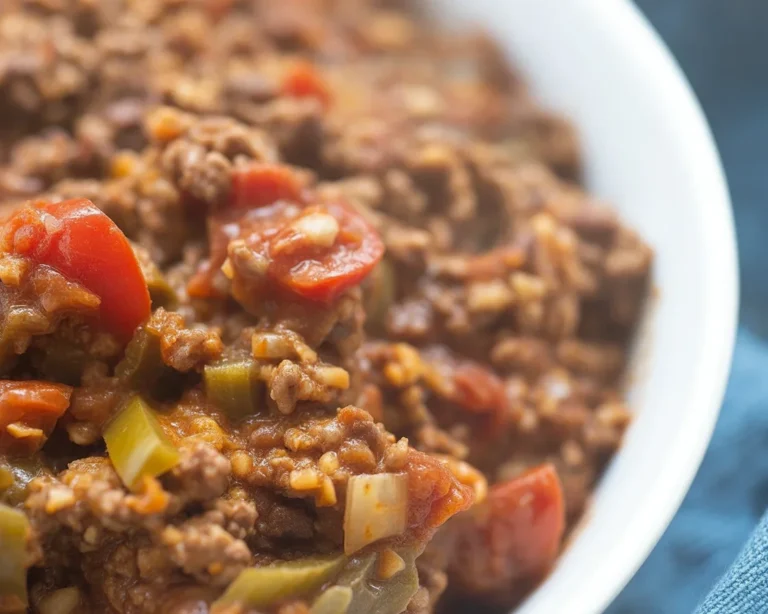 Hearty keto chili recipe with ground beef and spices, no beans included.