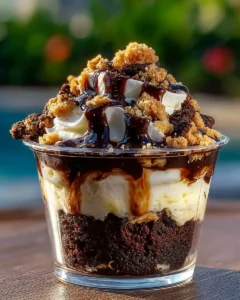 Loaded brownie cheesecake cups topped with chocolate and cream cheese