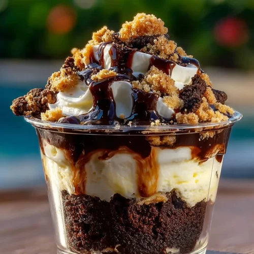 Loaded brownie cheesecake cups topped with chocolate and cream cheese