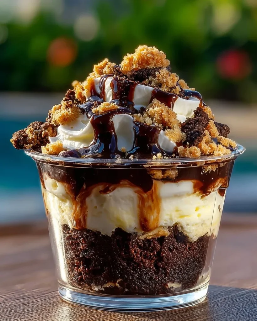 Loaded brownie cheesecake cups topped with chocolate and cream cheese