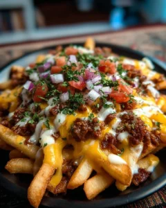 Delicious Loaded Cheese Beef Fries topped with melted cheese and savory beef
