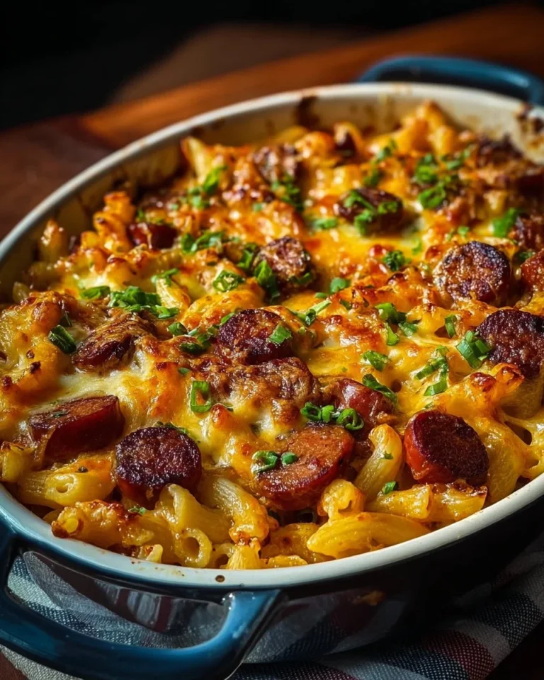 Delicious Loaded Chili Cheese Dog Pasta Bake topped with cheese and chili