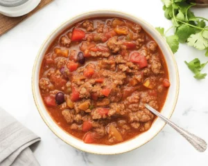 Bowl of hearty no bean chili topped with cheese and sour cream