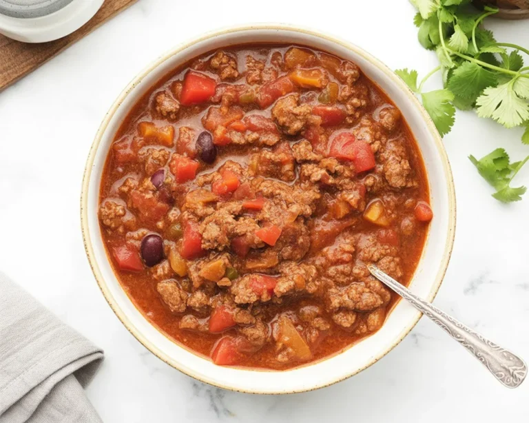 Bowl of hearty no bean chili topped with cheese and sour cream