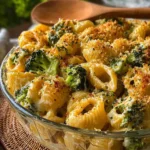 Delicious No-Boil Broccoli Pasta Bake served in a dish with melted cheese