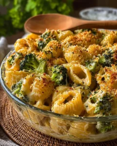 Delicious No-Boil Broccoli Pasta Bake served in a dish with melted cheese