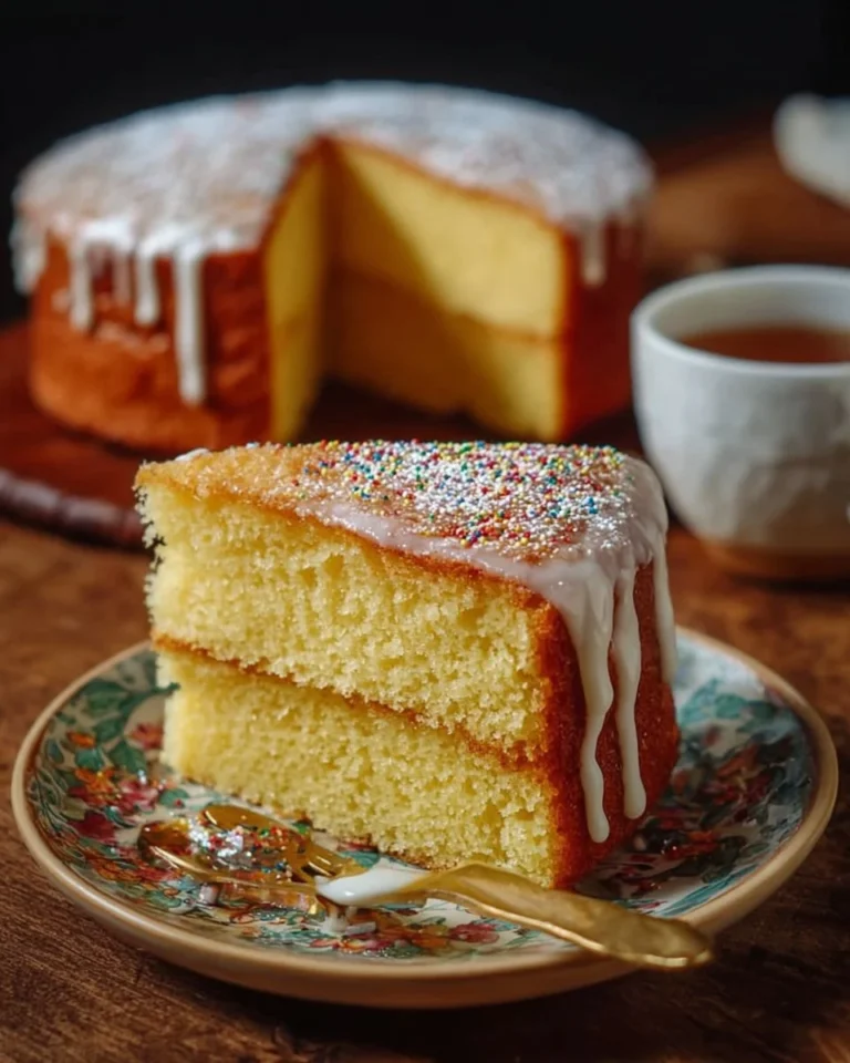 Delicious oil-based vanilla cake topped with fresh frosting and sprinkles