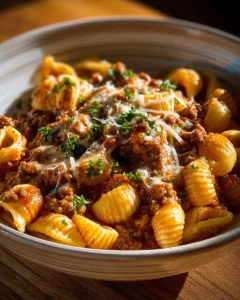 One Pot Cheesy Beef Shells served in a bowl with melted cheese and beef filling