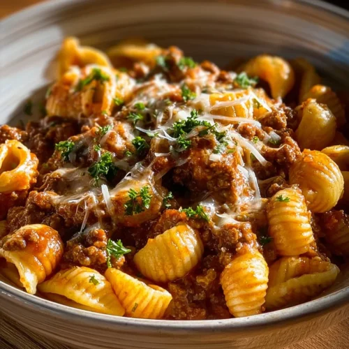 One Pot Cheesy Beef Shells served in a bowl with melted cheese and beef filling