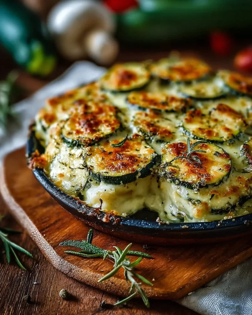 Delicious oven baked zucchini and cheese dish ready to serve