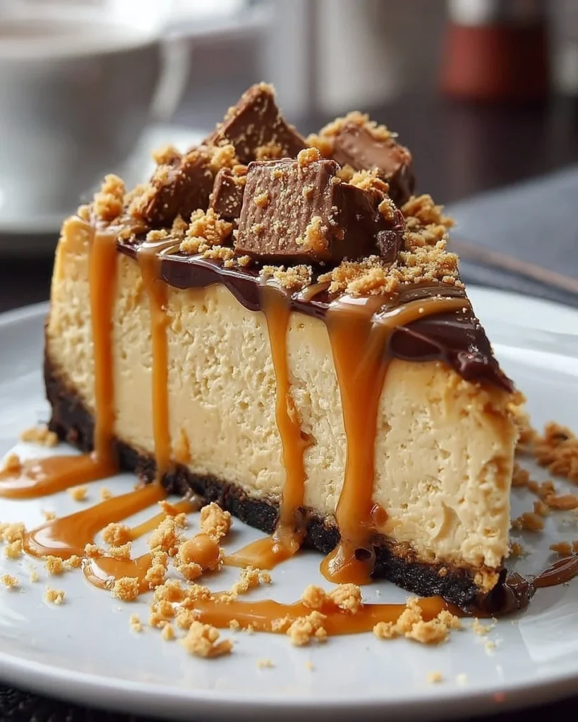 Delicious slice of Peanut Butter Cheesecake topped with a peanut butter drizzle