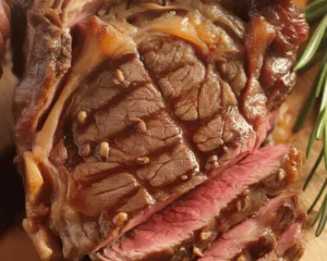 Juicy ribeye steak cooked to perfection, garnished with herbs and served on a plate.