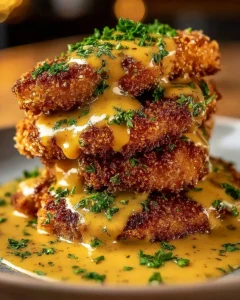 Pretzel-crusted chicken served with a creamy mustard cheddar sauce
