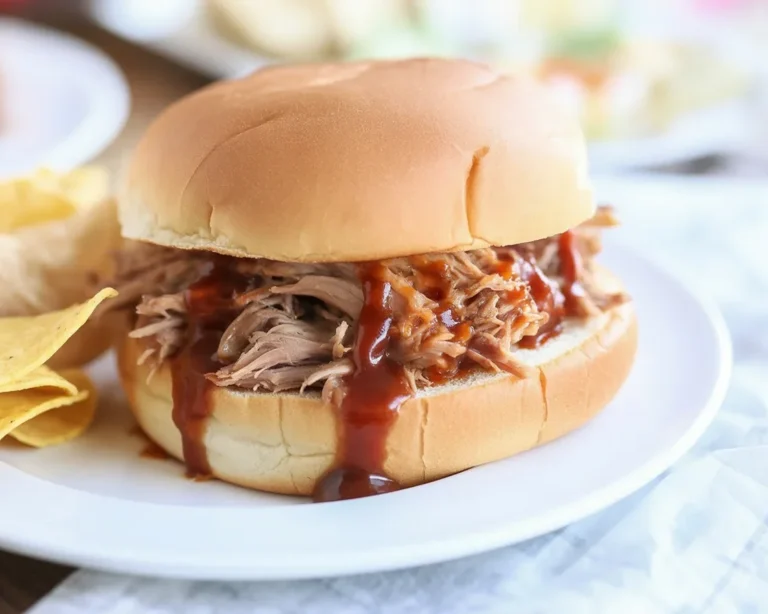 Delicious pulled pork sandwich with homemade BBQ sauce on a bun.