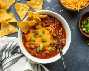 Delicious bowl of pumpkin chili with beans and spices topped with cilantro.