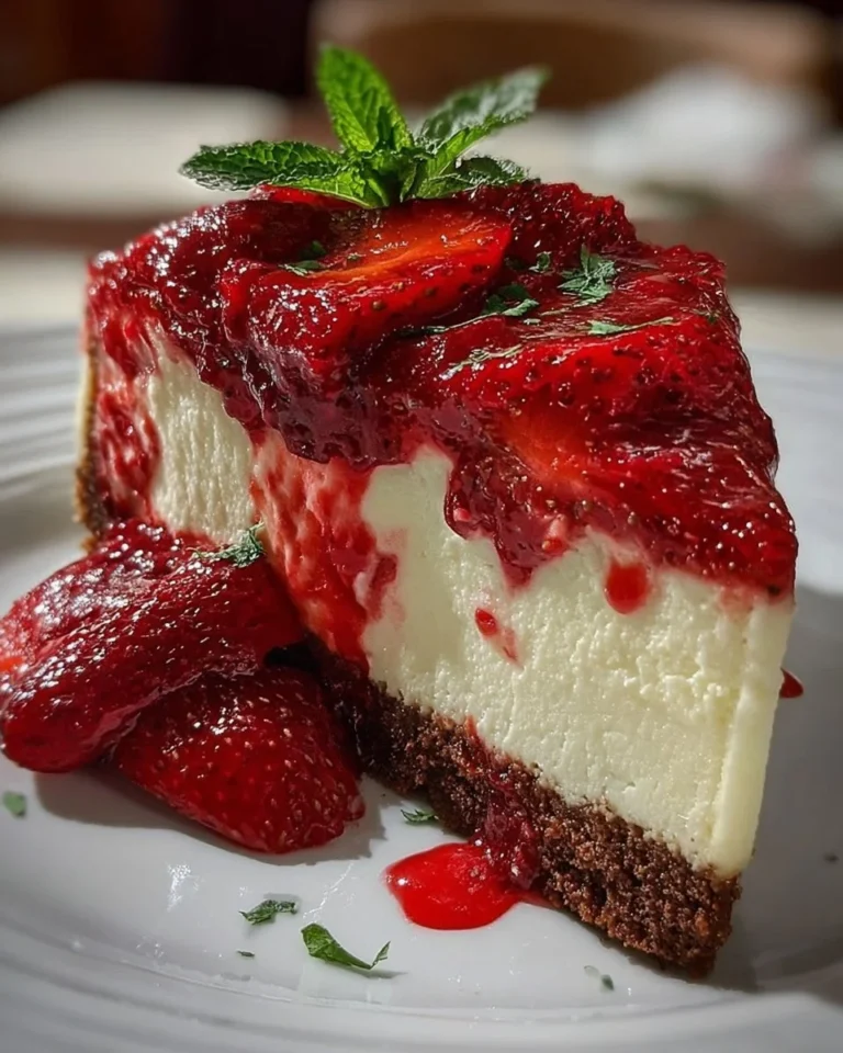 Delicious Red Velvet Strawberry Cheesecake topped with fresh strawberries