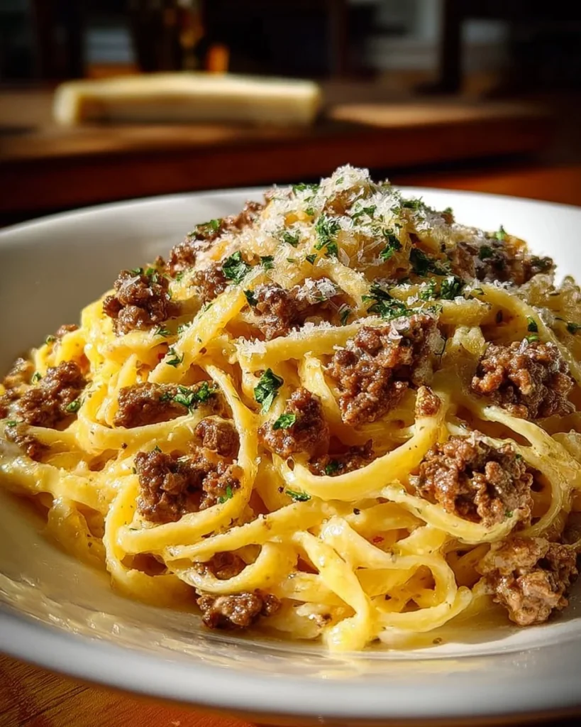 Savory garlic butter beef linguine with creamy parmesan sauce
