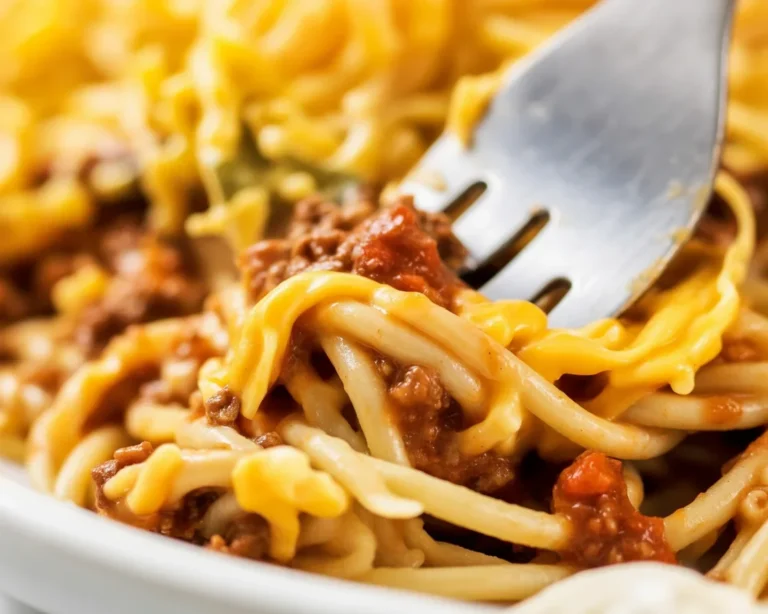Skyline chili recipe served over spaghetti with cheese and onions.