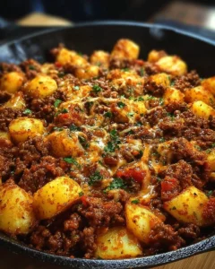 Hearty Sloppy Joe Potato Skillet served in a frying pan with toppings.