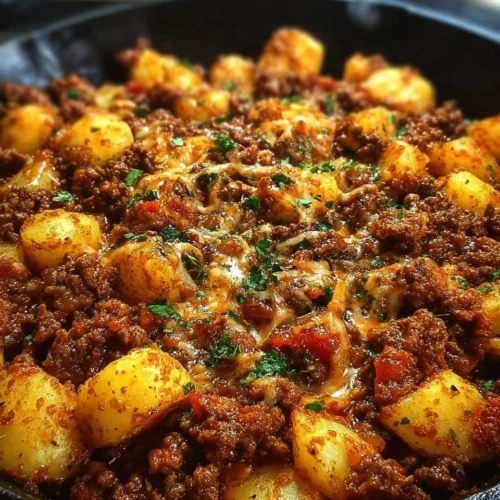 Hearty Sloppy Joe Potato Skillet served in a frying pan with toppings.