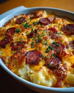 Smoked sausage and cheesy potato casserole dish served hot in a bowl.