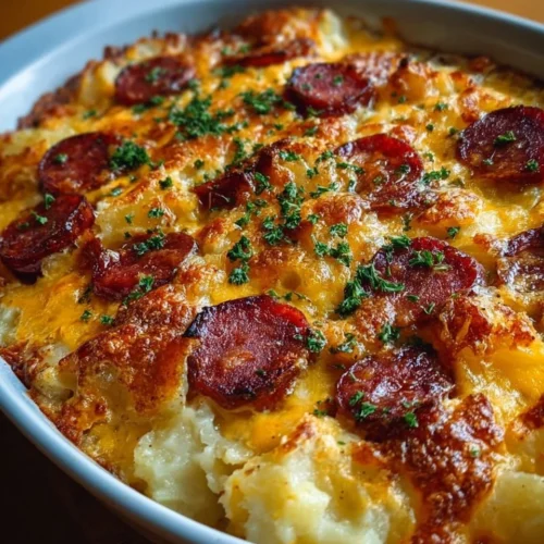 Smoked sausage and cheesy potato casserole dish served hot in a bowl.